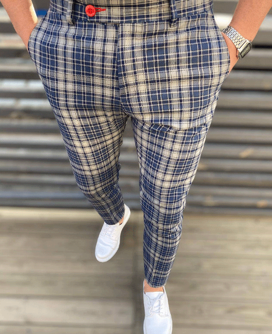 Casual Color Block Plaid Print Pocket Slim Fit Pencil Pants