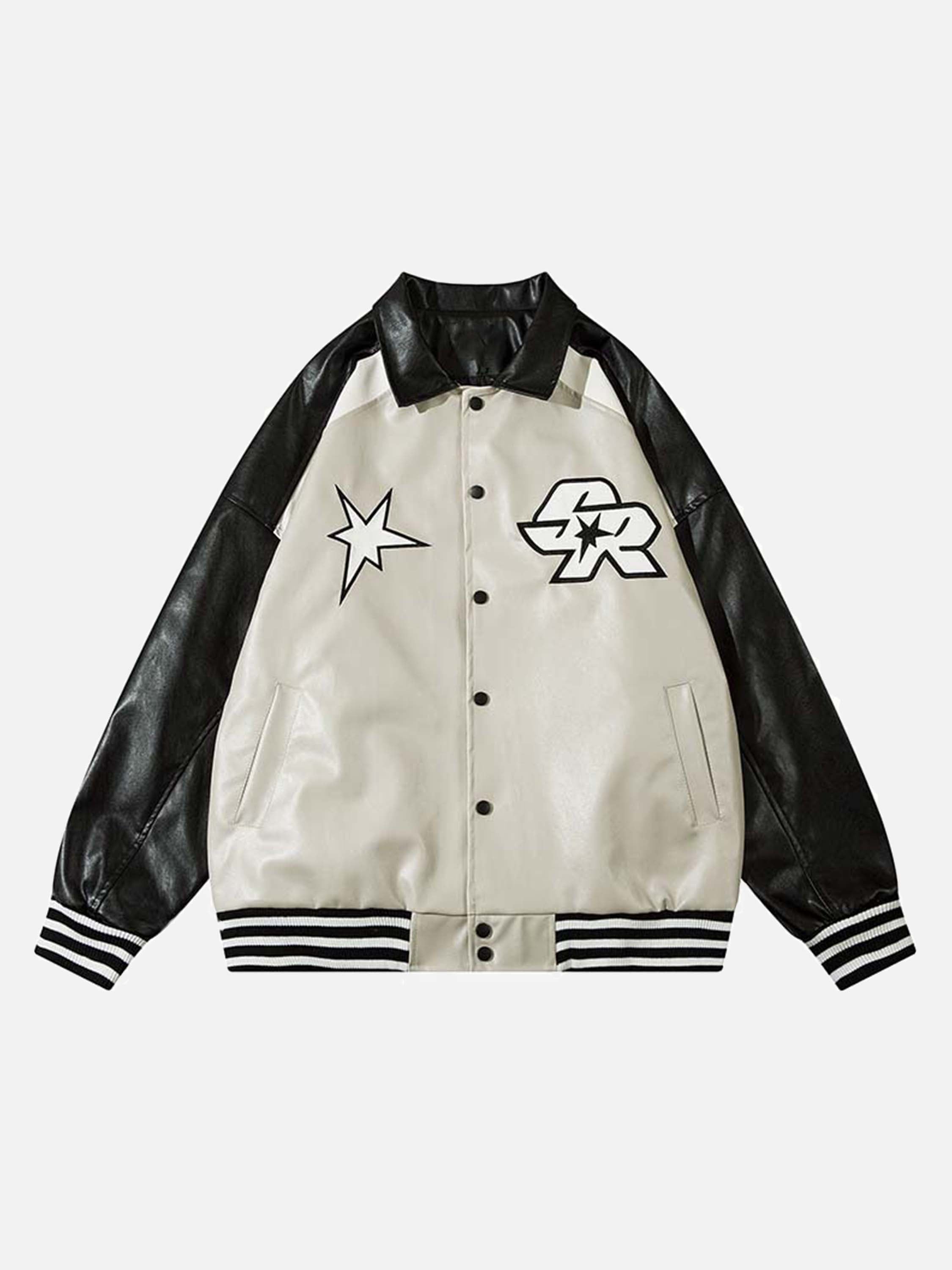 The Vimiaparty American Vintage Pu Leather Embroidered Stars Patchwork Color Blocking Jacket